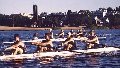 Turning around Gas Works on Lake Washington in Seattle. I'm in 2 seat (2nd from right in the front boat)