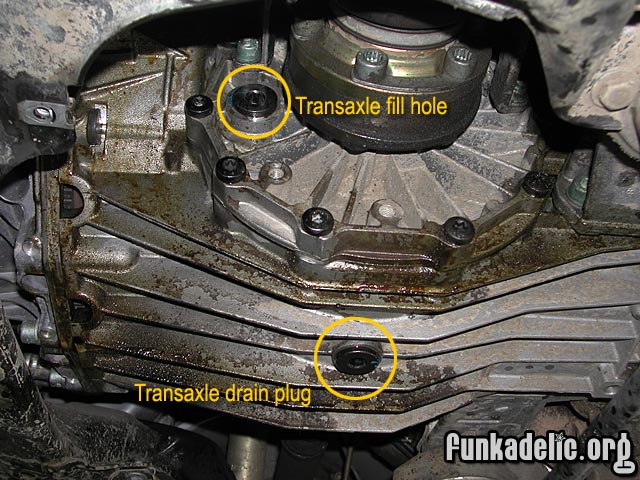 Transaxle drain and fill holes (viewing from driver's side)