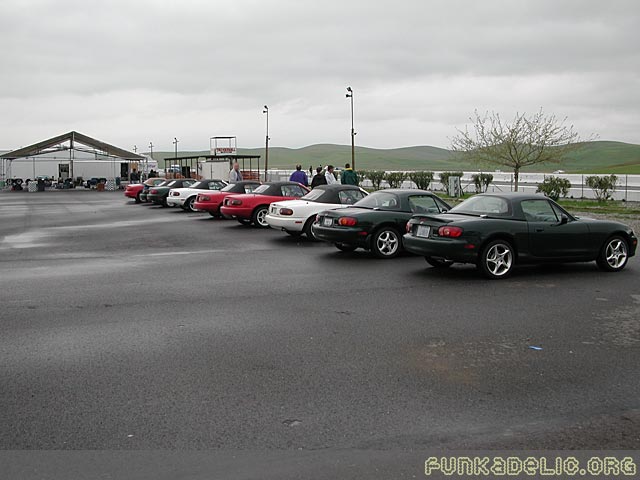 several miatas showed up in the afternoon in preparation for an event on saturday