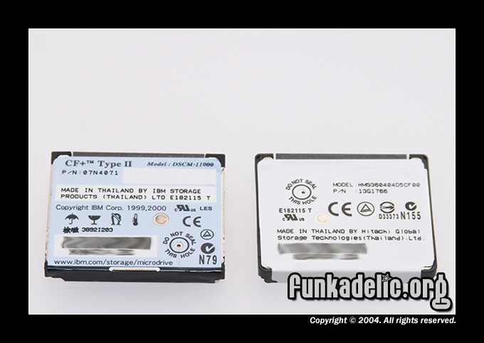 My old 1GB IBM microdrive next to the Hitachie 4GB microdrive (backside)